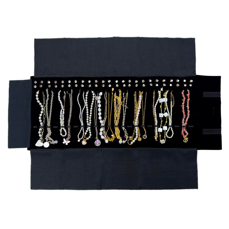 UnionPlus Velvet Travel Jewelry Roll Bag Organizer for Necklace, Elastic Band and Anti-winding, Large, Black - Image 1